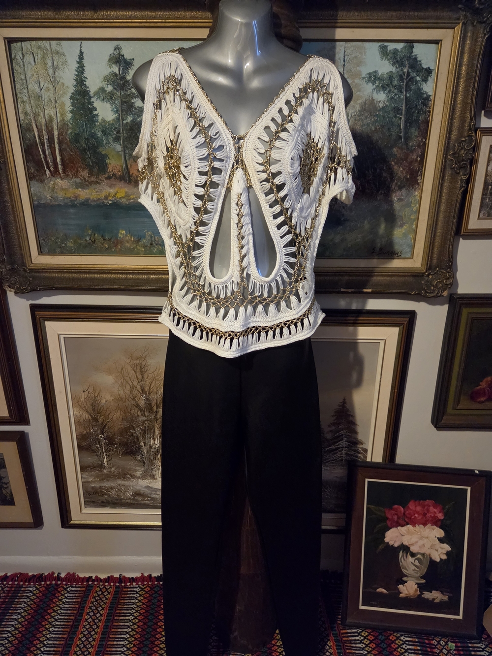 Women's Black Jumpsuit with White Fringe Crochet Top